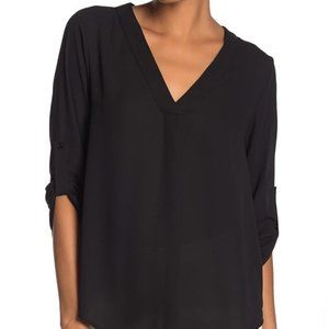 LUSH Black Split Neck Roll Sleeve Tunic Blouse